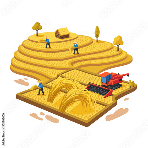 Isometric Farm Scene with Workers and Machinery.
