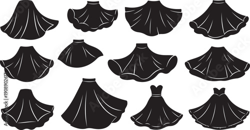Collection of various black skirt silhouettes on white background