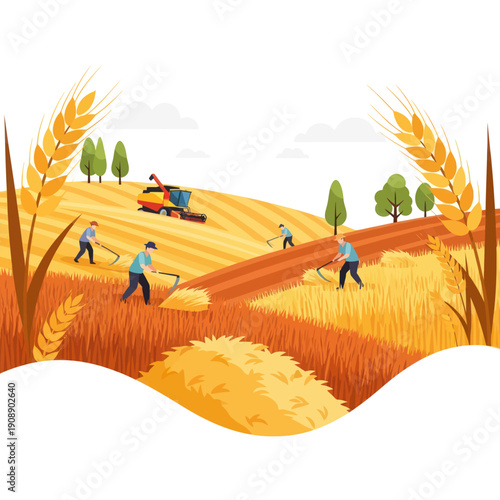Farmers Harvesting Wheat in a Field.