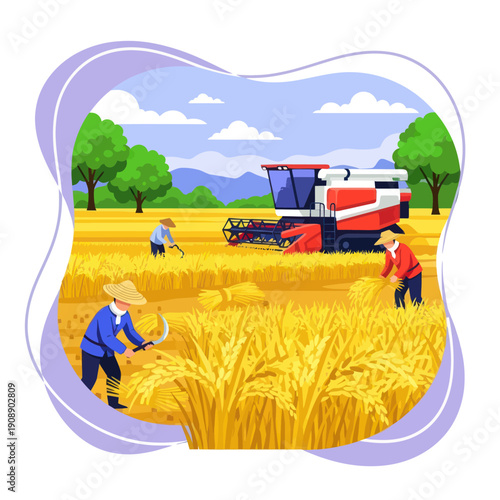 Farmers Harvesting Crops with Machinery.