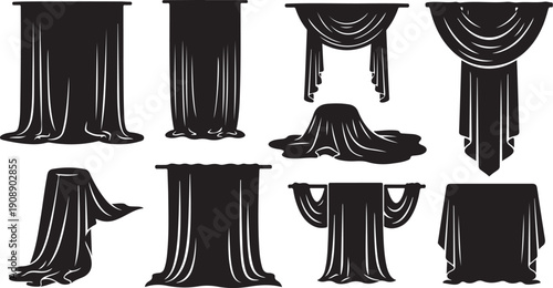 Various Black Drapery and Curtain Styles on White Background