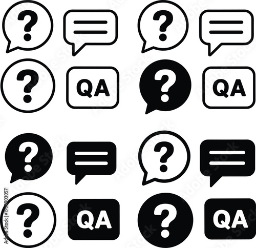 Vector illustration of communication icon collection—symbols for question and answer, speech bubbles, customer support, FAQ design, messaging interface, and digital representation
