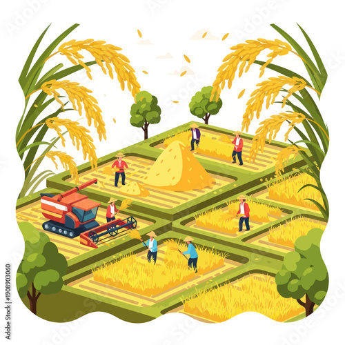 Farmers Harvesting Crops with Machinery.