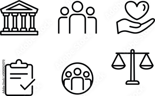 Vector illustration of civic icon collection—symbols for governance, community support, compassion care, responsibility tasks, justice balance, and social representation