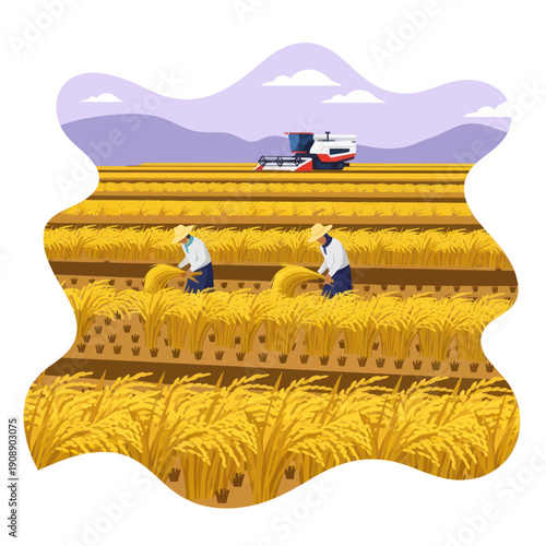 Farmers Harvesting Wheat in Golden Field.