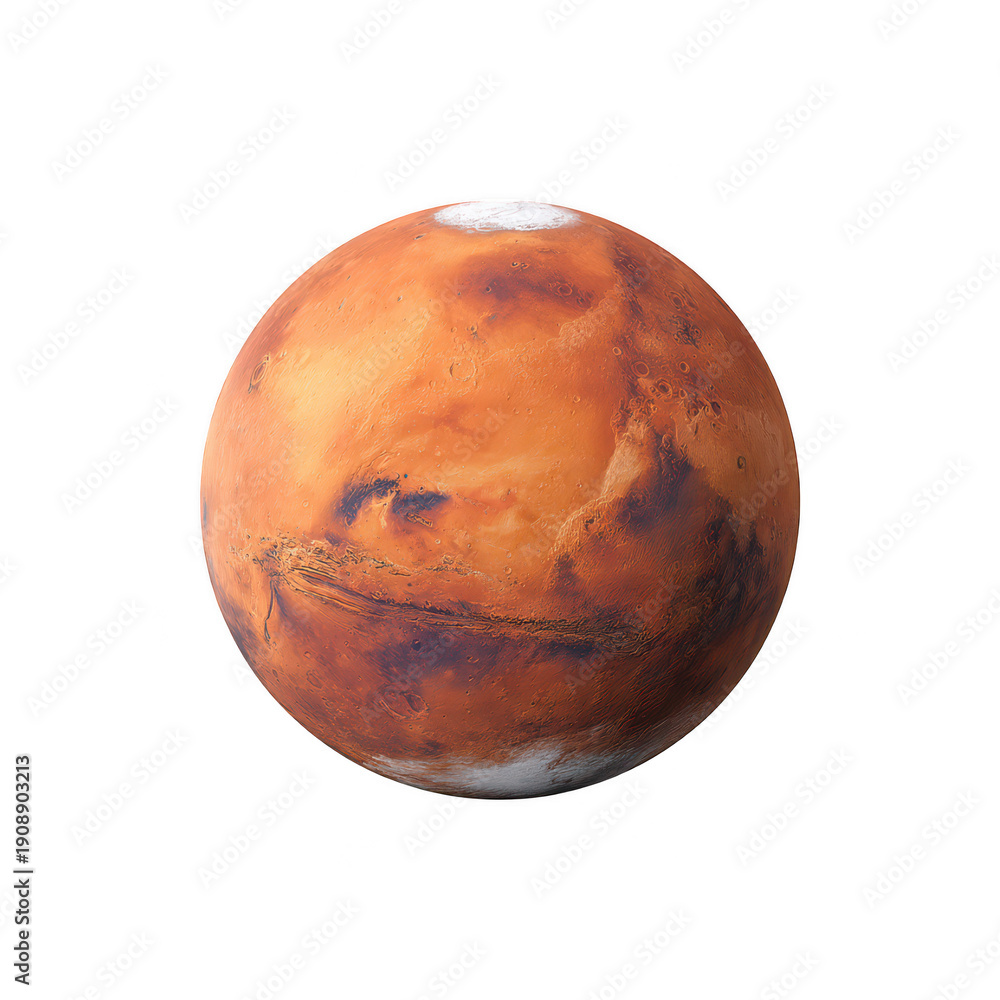 Fototapeta premium Planet Mars surface texture with reddish rocky terrain and visible polar ice formations in deep space