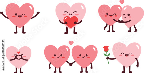 Cute romantic heart characters set featuring hugging couples, love emotions, smiling expressions, rose gift, and adorable Valentine cartoon illustrations