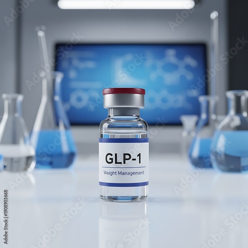  Clear glass vial showcases GLP-1 label, symbolizing modern weight, Glass Vial of In Injection Solution on white Background. Medication vaccine, Single Glass Vaccine Vile, Medical Science & Healthcare