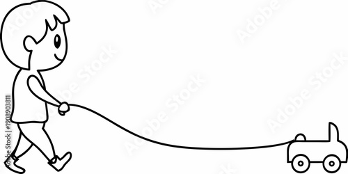 A simple line drawing of a child pulling a toy car on a string