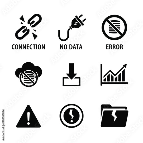A flat lay of various black error and connection icons on a clean white background, conveying a sense of technology and communication issues in a minimalist style.