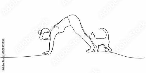 Continuous line drawing of a woman in downward facing dog pose with a cat