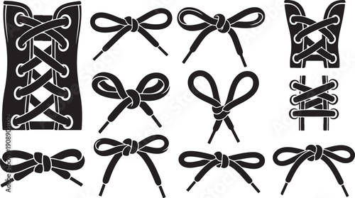 Various shoe laces and bow tie illustrations in black