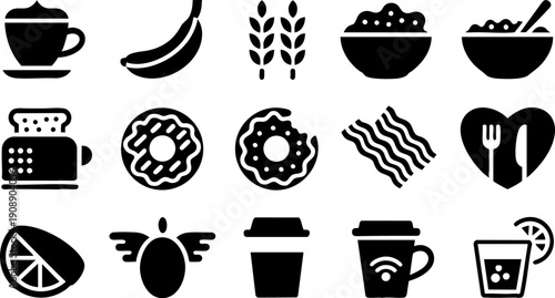 Cafe and Breakfast Icon Set – Coffee, Donut, Bread and Morning Food Symbols