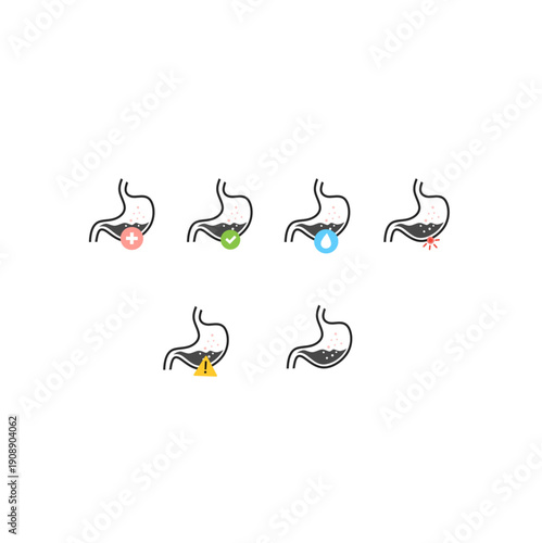 Professional vector icon set of the human stomach showing various health states. Includes symbols for digestion, medical treatment, acidity, and inflammation for healthcare and wellness design.