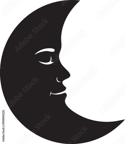 Crescent moon face in black and white, evoking night, dreams, and celestial imagery