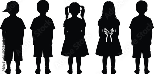 Children silhouettes set, group of young boys and girls standing, childhood growth and development symbols, elementary school students, youth community,