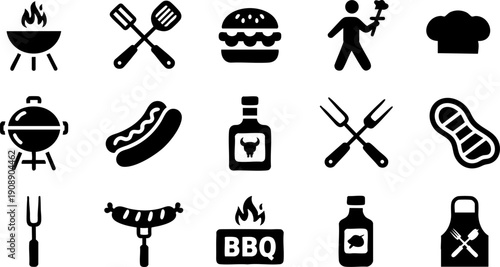 Barbecue and Grill Icon Set – BBQ Tools, Burger, Steak and Outdoor Cooking Symbols
