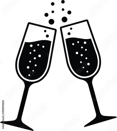 Champagne glasses clinking icon, sparkling wine celebration symbol, toast for wedding, new year party, anniversary event, luxury drinks, holiday cheering,