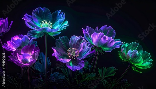 Bioluminescent flowers glow with vibrant purple and green hues