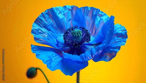 Vibrant blue poppy against a warm, glowing orange backdrop