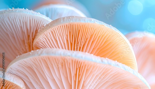 Close-up view of delicate, pale mushroom gills glowing warm