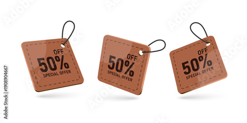 Rectangular leather sign or tag label with string for hanging 3 viewing angles and the message 50% off special offer ideal for jeans advertising banner design, vector 3d isolated on white background