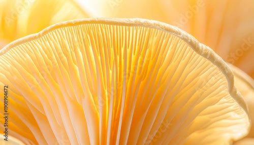 Close-up of backlit mushroom gills, soft golden light