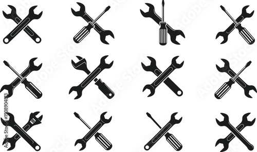 Collection of crossed wrench and screwdriver icons, industrial repair service symbols, hardware tool silhouettes, construction maintenance equipment set for professional engineering.