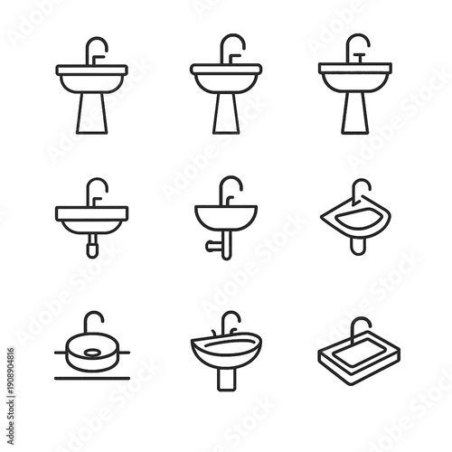Collection of various sink and faucet line icons, showing different bathroom and kitchen basin designs, plumbing fixtures, and washstand outlines.