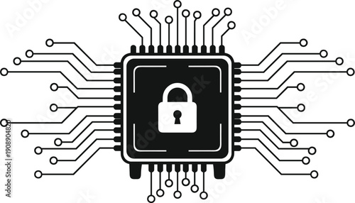 Cyber security microchip with padlock icon, digital data protection and encryption technology vector, hardware security system for computer network safety,
