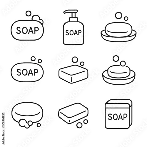 Soap icons set. Outline vector illustrations of various soap forms: bar, liquid dispenser, and soap dish with bubbles. Hygiene and cleanliness concept.