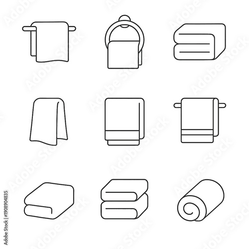 Set of nine minimalist line icons depicting various towel arrangements for bathroom, spa, hotel, or laundry concepts. Includes folded, stacked, hanging, and rolled towels on a clean white background.