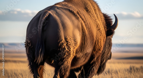 Rear view of a large bovid animal in a field