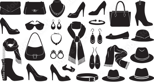 Fashion accessories and clothing items in black and white