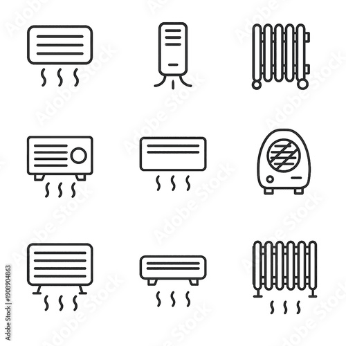 Set of line icons representing different types of heating and cooling devices for home and office
