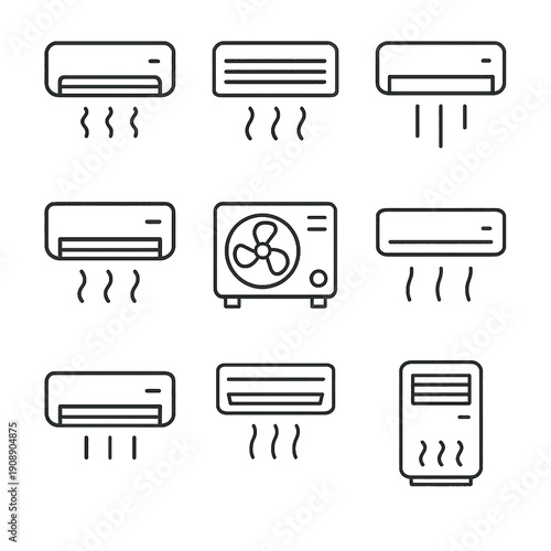 Set of air conditioner icons, different types of cooling systems, climate control, vector line art illustrations