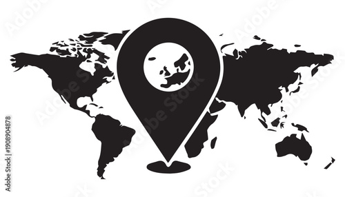 Global Location Pin on World Map Icon for International Navigation