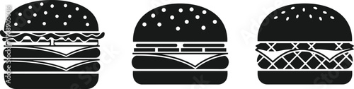 Delicious burger icons set, fast food cheeseburger silhouettes, hamburger with sesame seeds, restaurant menu symbols, tasty junk food snack collection,