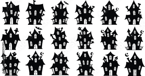 Halloween haunted house silhouettes set featuring spooky dark mansions, eerie buildings, creepy windows, bats, and horror night illustration elements