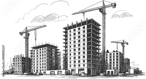 Construction site architectural sketch with high rise buildings under development and cranes, against cloudy sky