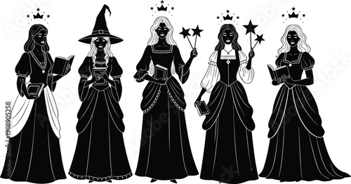 Fantasy princess and witch silhouettes set, magical queen figures with crowns, fairy tale characters, mystical sorceress with wand and book,