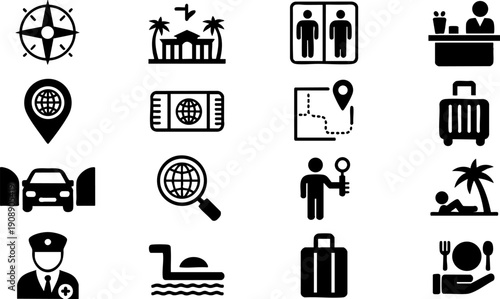 Travel and Tourism Icon Set – Vacation, Hotel, Transport and Holiday Pictogram Collection