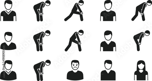 Injury and rehabilitation icons set, physical therapy exercise symbols, knee pain treatment silhouettes, patient healthcare illustrations, medical recovery, first aid,