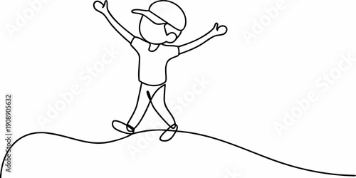 A joyful minimalist line drawing of a boy celebrating with arms raised
