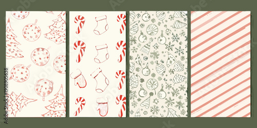 Four festive patterns christmas ornaments candy canes stockings and stripes
