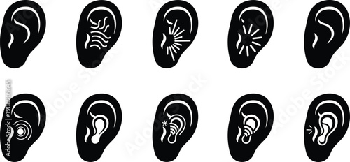 Human ear icons set, hearing health symbols, anatomy silhouettes, earache and sound sensitivity illustrations, deafness awareness, otology medical treatment, audio,