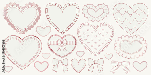 Collection of hand drawn pink hearts and bows on a cream background