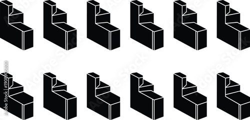 Isometric stairs and block icons set, black geometric 3D step silhouettes, architectural construction elements, industrial building symbols, abstract progression levels,