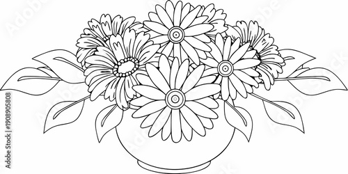 A detailed black and white illustration of flowers in a vase