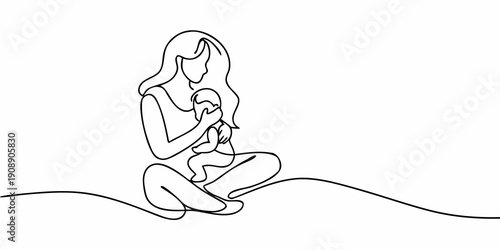A mother lovingly cradles her baby in a continuous line drawing